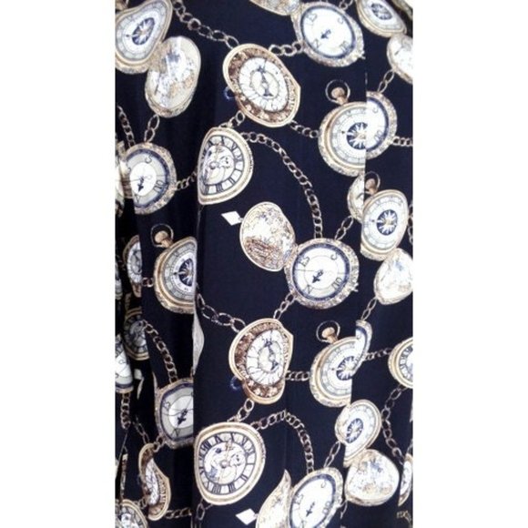 Vintage Ann Taylor Studio black silk clock watch print button down blouse - Picture 3 of 5